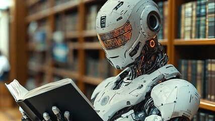 Poster - A humanoid robot reading a book in a quiet library filled with bookshelves and knowledge