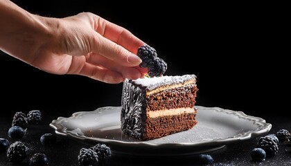 Wall Mural - Сhocolate cake in hand on a black background