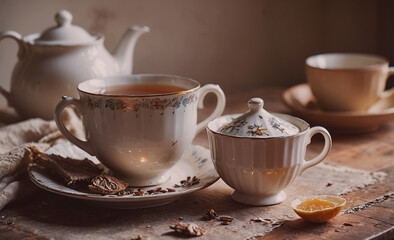Aufkleber - White tea set with a teapot, a cup, and a saucer