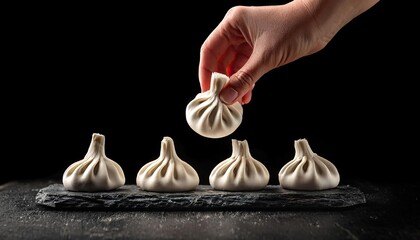 Poster - A hand holding khinkali on a black background
