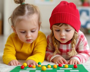 Two little girls play a board game with colorful beads,  focused and engaged in the activity.