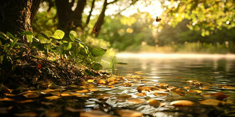 Poster - A beautiful scene of a pond with leaves and butterflies flying around
