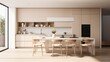 © sandi - Minimalist kitchen dining area with large windows, wooden table and chairs, and beige cabinets.