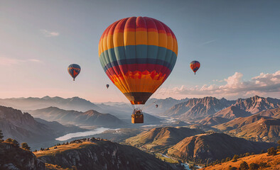 Fototapete - Three hot air balloons are flying over a mountain range