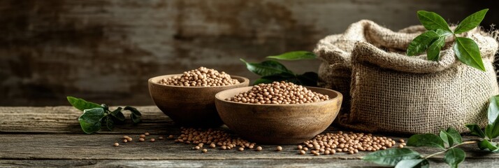 Poster - Bowls and sacks overflow with colorful lentils, beans, and chickpeas, set against a rustic wooden backdrop. Generative AI