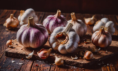 Poster - Bunch of garlic bulbs are on a wooden table