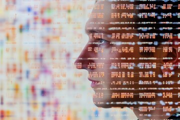 Aufkleber - A human profile is overlaid with detailed rows of DNA symbols, illustrating the intersection of genetics and individuality in scientific exploration. Generative AI