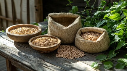 Poster - Bowls and sacks overflowing with lentils, beans, and chickpeas rest on a rustic wooden table, complemented by lush greenery. Generative AI
