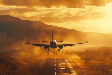 Airliner Descends Over Rolling Hills at Sunrise, Illuminating the Horizon with Golden Light