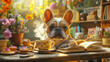 © YOAQ - Charming French Bulldog surrounded by flowers and a warm cup of tea, perfect for cozy home decor, relaxation spaces, and wall art design.