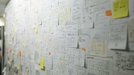 Aufkleber - A white wall covered with various papers, notes, and sticky notes in a business office.