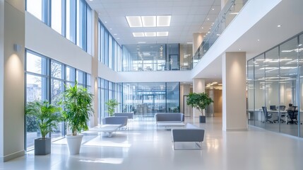 Poster - Modern, spacious office lobby with large windows, white walls, and comfortable seating.