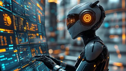 Poster - A futuristic robot interacts with advanced technology in a high-tech control room at dusk