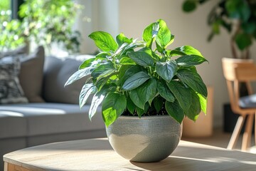 Wall Mural - scandinavian interior design, a lush green indoor plant is the focal point of a swedish living room with light wood furniture and textured fabrics