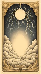 Wall Mural - Celestial Cloudscape  Moon  Lightning  Art Deco Frame