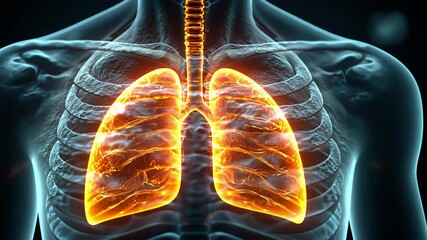 Poster - A detailed view of glowing lungs within a transparent human torso showing respiratory structure