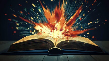 Poster - A book with an open cover with glowing light and splashes of color emanating from its pages.