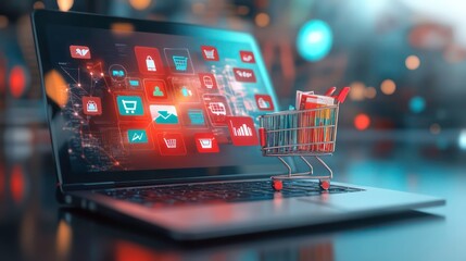 Poster - A miniature shopping cart with a red handle emerges from a laptop screen with shopping icons, suggesting online shopping.