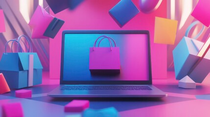 Poster - Vibrant 3D Ecommerce Laptop with Shopping Icons on Geometric Background