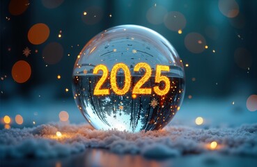 Glass ball with number 2025 inside, glowing orange against winter background. Snow on ground, lights in blurred background, creating festive New Year atmosphere. Concept for holidays, celebrations,