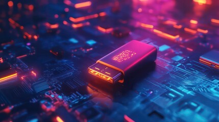 Aufkleber - A close-up of a USB drive with a golden finish and glowing red and blue lights.
