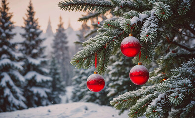 Poster - Three red Christmas ornaments hanging from a tree