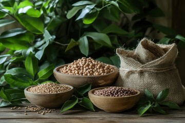 Aufkleber - A rustic wooden table displays bowls and sacks brimming with lentils, beans, and chickpeas, nestled among vibrant greenery. Generative AI