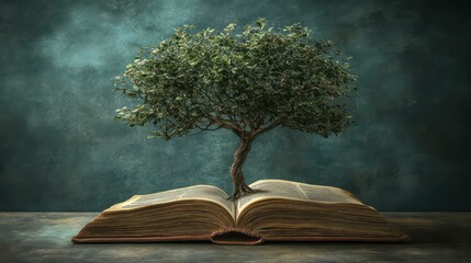 Poster - A small tree grows from an open book against a blue background.
