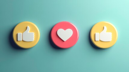 Leinwandbilder - Three round icons arranged in a row on a plain background The middle icon shows a white heart shape while the other two icons display a white thumbs up symbol representing positive feedback approval
