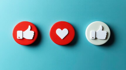 Leinwandbilder - Three social media icons, a red thumbs up, a red heart, and a white thumbs up on a blue background.