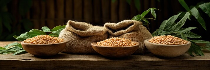 Poster - Bowls and sacks are arranged on a rustic table, showcasing a variety of lentils, beans, and chickpeas, complemented by nature. Generative AI