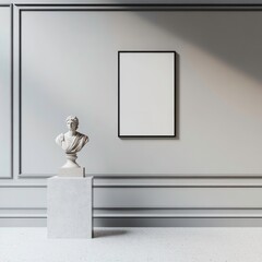 Poster - A white marble bust sculpture on a pedestal in a modern room with a blank poster frame.