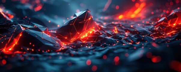 Poster - abstract low-poly landscape with glowing red and black patterns