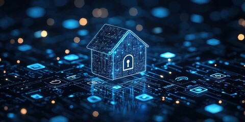Poster - Smart home technology concept with digital house and security icons