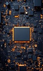 Poster - Close-up of a glowing computer circuit board and microchip