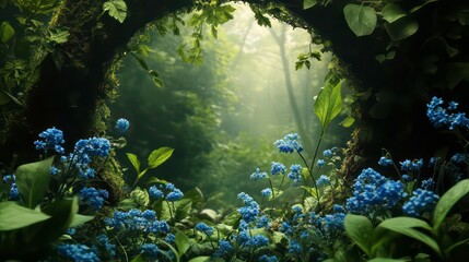 Poster - A mystical forest scene with a view through a canopy of trees and blue flowers in the foreground.
