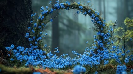 Fototapete - A mystical forest scene with a floral archway made of blue flowers and moss, surrounded by a field of flowers.