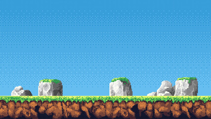 Aufkleber - pixel art retro game level, 8 bit 2d video game background, pixel template. stones, grass and blue sky. Vector illustration