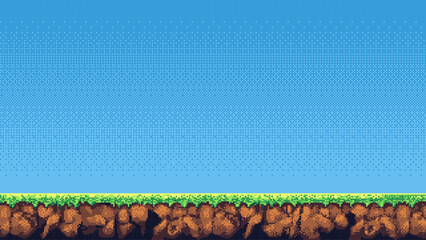 Aufkleber - pixel art retro game level, 8 bit 2d video game background, pixel template. stones, grass and blue sky. Vector illustration
