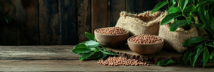 Poster - Bowl and burlap sacks overflow with a variety of lentils, beans, and chickpeas on a rustic wooden table, surrounded by greenery. Generative AI