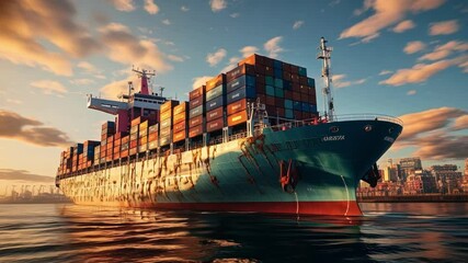 Poster - cargo ship at a busy port during sunset, reflecting in the ocean, symbolizing global trade with city
