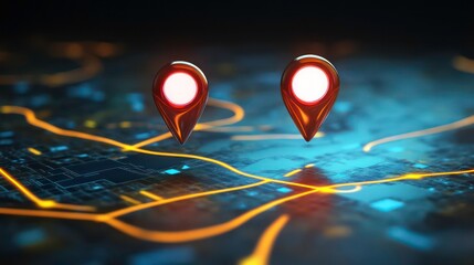 Fototapete - Two glowing red map pin markers on a futuristic circuit board with glowing lines.