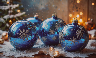 Poster - Three blue Christmas ornaments with snowflakes on them