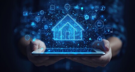 Poster - Futuristic digital house concept on tablet with glowing interface