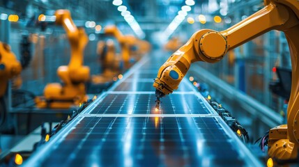 Poster - Advanced robotic arm manufacturing solar panels in high-tech production line