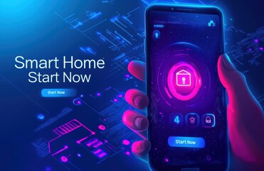 Poster - Smart home control app on phone with futuristic neon interface