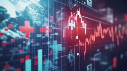 Aufkleber - A close-up view of a digital screen with financial charts, graphs, and data, showing a world map in the background.
