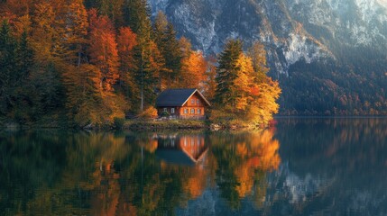 Wall Mural - Stunning autumn scene with colorful foliage and picturesque mountain reflections in lake. Serene autumn landscape. Nature