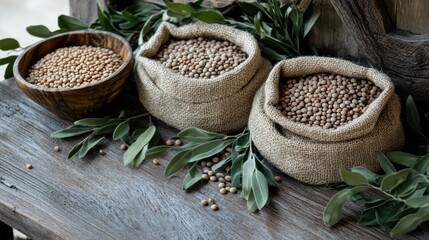 Poster - Bowls and sack-filled bags display an array of lentils, beans, and chickpeas on a rustic wooden table surrounded by greenery. Generative AI