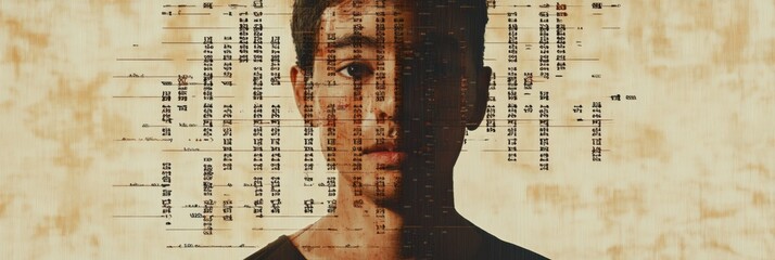 Poster - A human silhouette is overlaid with rows of genetic code, highlighting the intricate link between DNA and personal identity. Generative AI